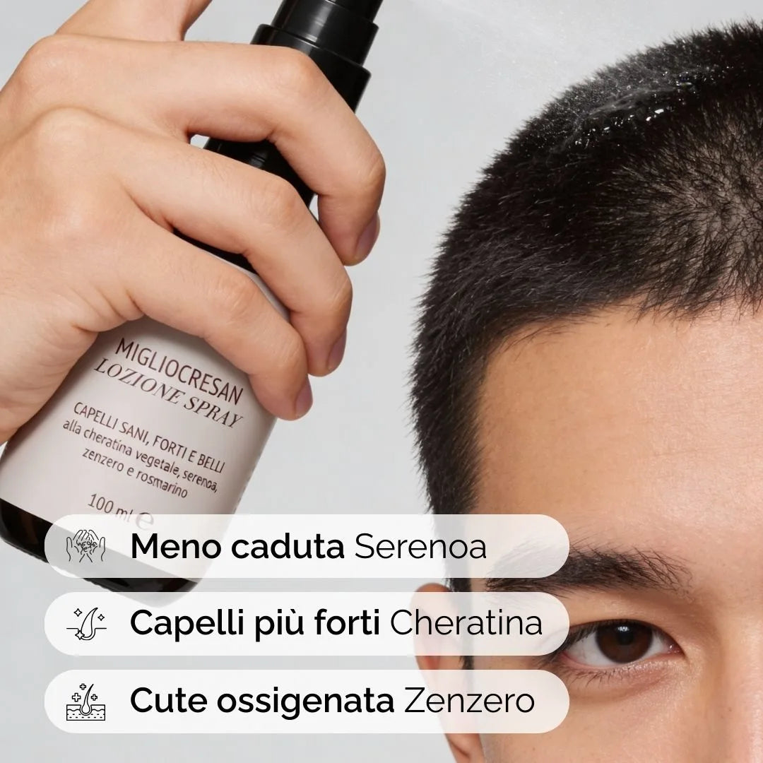 Lozione Spray Migliocresan Anticaduta alla Cheratina Vegetale, Serenoa, Zenzero e Rosmarino